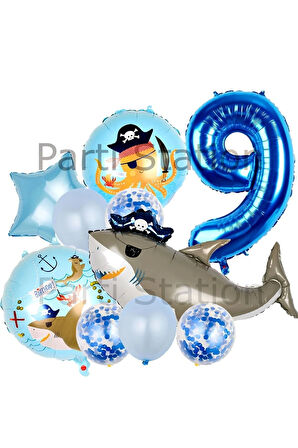 Korsan Köpek Balığı Konsept 4 Yaş Balon Set Korsan Shark Tema Doğum Günü Folyo Balon Set