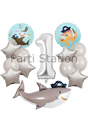 Korsan Tema Köpek Balığı Konsept 6 Yaş Balon Set Korsan Shark Tema Doğum Günü Folyo Balon Set