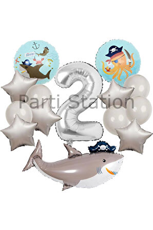 Korsan Tema Köpek Balığı Konsept 6 Yaş Balon Set Korsan Shark Tema Doğum Günü Folyo Balon Set