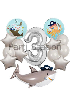Korsan Tema Köpek Balığı Konsept 6 Yaş Balon Set Korsan Shark Tema Doğum Günü Folyo Balon Set