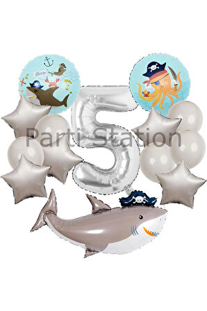 Korsan Tema Köpek Balığı Konsept 6 Yaş Balon Set Korsan Shark Tema Doğum Günü Folyo Balon Set