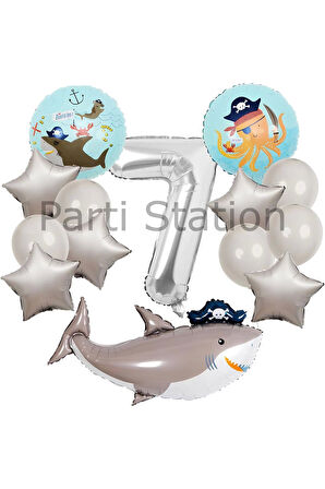 Korsan Tema Köpek Balığı Konsept 6 Yaş Balon Set Korsan Shark Tema Doğum Günü Folyo Balon Set