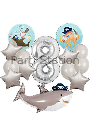 Korsan Tema Köpek Balığı Konsept 6 Yaş Balon Set Korsan Shark Tema Doğum Günü Folyo Balon Set