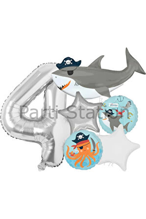 Korsan Tema Köpek Balığı Konsept 9 Yaş Balon Set Köpek Balığı Tema Doğum Günü Folyo Balon Set