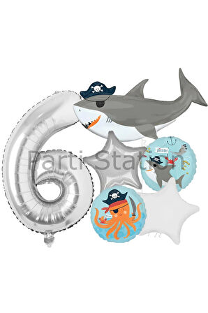 Korsan Tema Köpek Balığı Konsept 9 Yaş Balon Set Köpek Balığı Tema Doğum Günü Folyo Balon Set