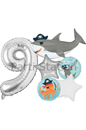 Korsan Tema Köpek Balığı Konsept 9 Yaş Balon Set Köpek Balığı Tema Doğum Günü Folyo Balon Set