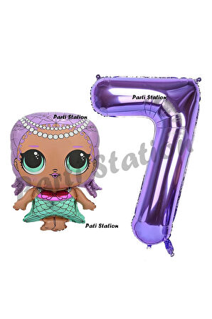 Mermaid LOL Bebek 6 Yaş Balon ve Mor Rakam Balon Doğum Günü Parti Set