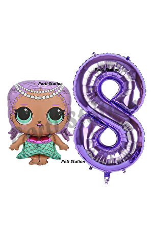 Mermaid LOL Bebek 6 Yaş Balon ve Mor Rakam Balon Doğum Günü Parti Set