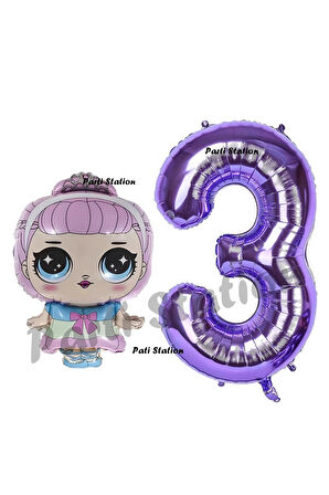Prenses LOL Bebek 3 Yaş Balon ve Mor Rakam Balon Doğum Günü Parti Set