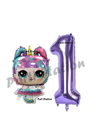 Unicorn LOL Bebek 6 Yaş Balon ve Mor Rakam Balon Doğum Günü Parti Set