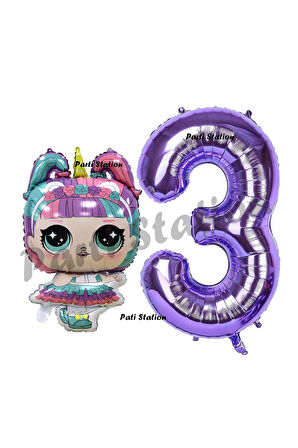 Unicorn LOL Bebek 6 Yaş Balon ve Mor Rakam Balon Doğum Günü Parti Set