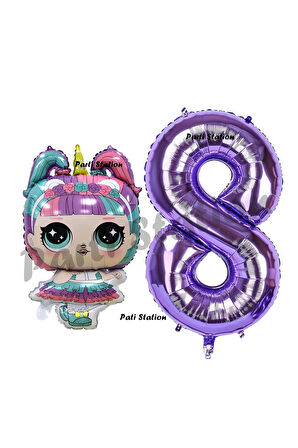 Unicorn LOL Bebek 6 Yaş Balon ve Mor Rakam Balon Doğum Günü Parti Set