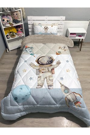Welsoft Pofuduk Çift Taraflı ASTRONOT Desenli Tek Kişilik Yorgan Uyku Seti