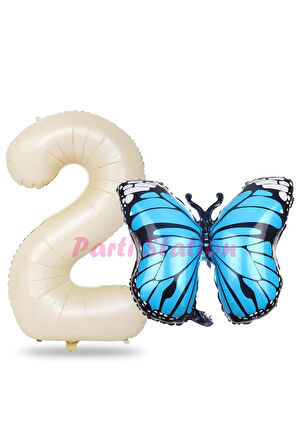 Mavi Kelebek Balon 1 Yaş Balon Set Kelebek Konsept Balon ve Krem Renk Rakam Balon