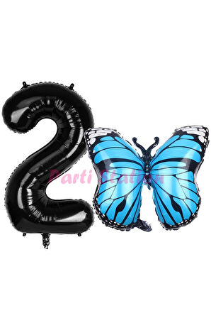 Mavi Kelebek Balon 9 Yaş Balon Set Kelebek Konsept Balon ve Siyah Renk Rakam Balon