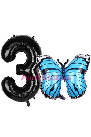 Mavi Kelebek Balon 9 Yaş Balon Set Kelebek Konsept Balon ve Siyah Renk Rakam Balon