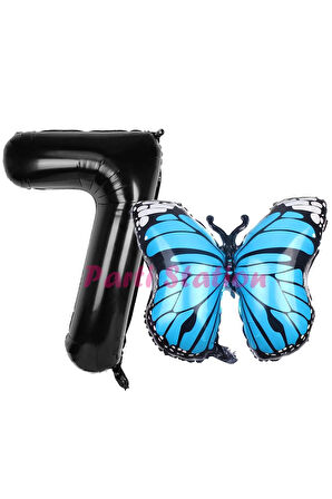 Mavi Kelebek Balon 9 Yaş Balon Set Kelebek Konsept Balon ve Siyah Renk Rakam Balon