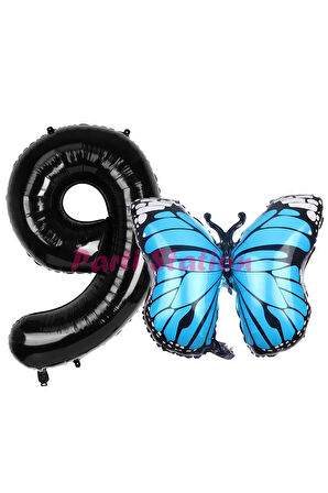 Mavi Kelebek Balon 9 Yaş Balon Set Kelebek Konsept Balon ve Siyah Renk Rakam Balon