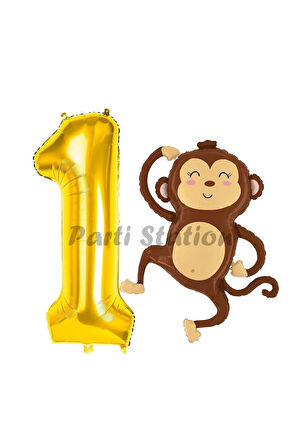 Safari Maymun Balon 4 Yaş Balon Set Safari Konsept Sevimli Maymun Balon ve Gold Renk Rakam Balon