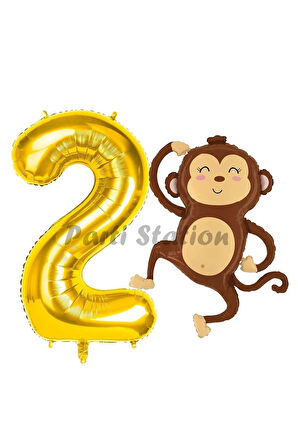 Safari Maymun Balon 4 Yaş Balon Set Safari Konsept Sevimli Maymun Balon ve Gold Renk Rakam Balon