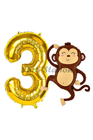 Safari Maymun Balon 4 Yaş Balon Set Safari Konsept Sevimli Maymun Balon ve Gold Renk Rakam Balon