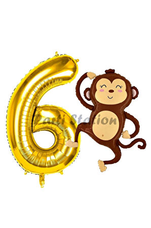 Safari Maymun Balon 4 Yaş Balon Set Safari Konsept Sevimli Maymun Balon ve Gold Renk Rakam Balon