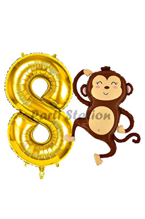 Safari Maymun Balon 4 Yaş Balon Set Safari Konsept Sevimli Maymun Balon ve Gold Renk Rakam Balon