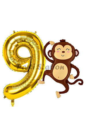 Safari Maymun Balon 4 Yaş Balon Set Safari Konsept Sevimli Maymun Balon ve Gold Renk Rakam Balon