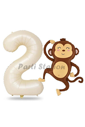 Safari Maymun Balon 1 Yaş Balon Set Safari Konsept Sevimli Maymun Balon ve Krem Renk Rakam Balon