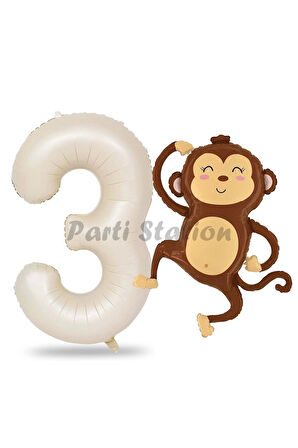 Safari Maymun Balon 1 Yaş Balon Set Safari Konsept Sevimli Maymun Balon ve Krem Renk Rakam Balon