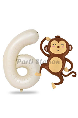 Safari Maymun Balon 1 Yaş Balon Set Safari Konsept Sevimli Maymun Balon ve Krem Renk Rakam Balon