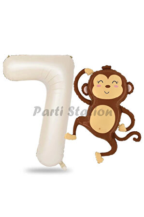 Safari Maymun Balon 1 Yaş Balon Set Safari Konsept Sevimli Maymun Balon ve Krem Renk Rakam Balon