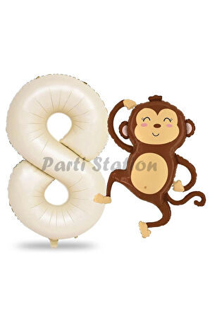 Safari Maymun Balon 1 Yaş Balon Set Safari Konsept Sevimli Maymun Balon ve Krem Renk Rakam Balon
