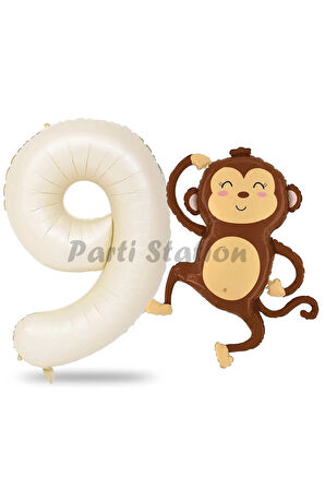 Safari Maymun Balon 1 Yaş Balon Set Safari Konsept Sevimli Maymun Balon ve Krem Renk Rakam Balon