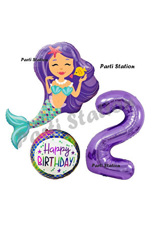 Deniz Kızı Konsept Mermaid Deniz Kızı 8 Yaş Balon Set ve Mor Rakam Balon Doğum Günü Parti Balon Set