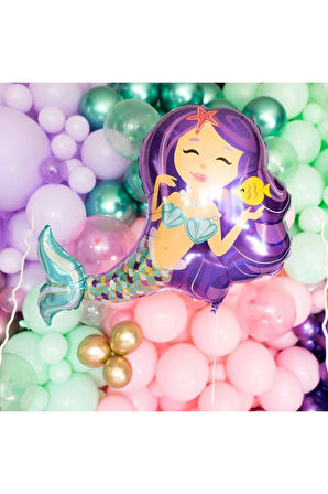 Deniz Kızı Konsept Mermaid Deniz Kızı 8 Yaş Balon Set ve Mor Rakam Balon Doğum Günü Parti Balon Set