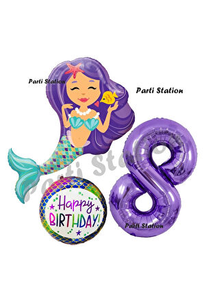 Deniz Kızı Konsept Mermaid Deniz Kızı 8 Yaş Balon Set ve Mor Rakam Balon Doğum Günü Parti Balon Set