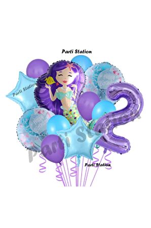 Deniz Kızı 2 Yaş Mor Renk Doğum Günü Konsept Balon Set Mermaid Balloon Set