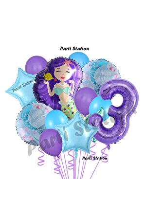 Deniz Kızı 3 Yaş Mor Renk Doğum Günü Konsept Balon Set Mermaid Balloon Set
