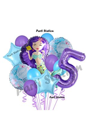 Deniz Kızı 5 Yaş Mor Renk Doğum Günü Konsept Balon Set Mermaid Balloon Set