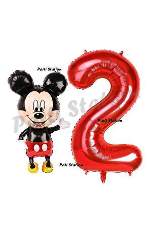 Mickey Mouse Balon 2 Yaş Doğum Günü Set Mickey Mouse Konsept Balon ve Kırmızı Rakam Balon