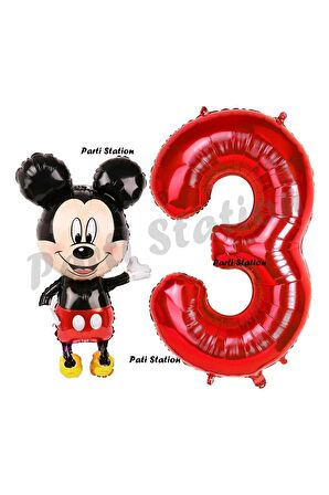 Mickey Mouse Balon 3 Yaş Doğum Günü Set Mickey Mouse Konsept Balon ve Kırmızı Rakam Balon