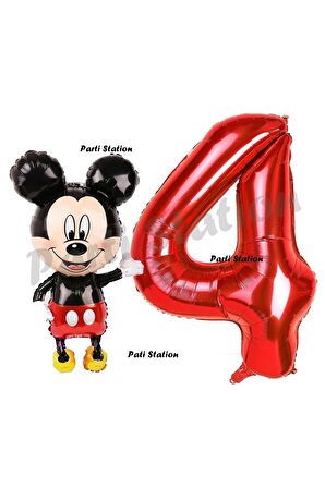 Mickey Mouse Balon 4 Yaş Doğum Günü Set Mickey Mouse Konsept Balon ve Kırmızı Rakam Balon