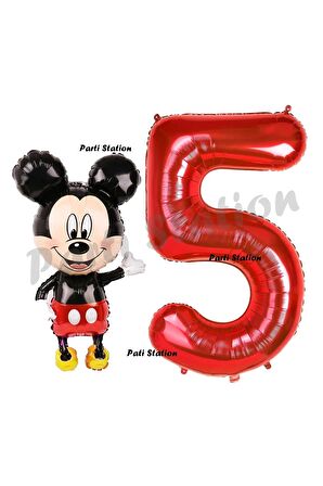 Mickey Mouse Balon 5 Yaş Doğum Günü Set Mickey Mouse Konsept Balon ve Kırmızı Rakam Balon