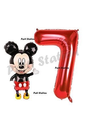 Mickey Mouse Balon 7 Yaş Doğum Günü Set Mickey Mouse Konsept Balon ve Kırmızı Rakam Balon