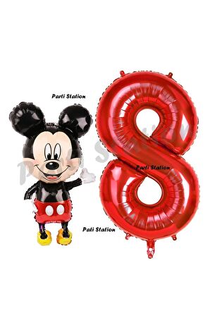 Mickey Mouse Balon 8 Yaş Doğum Günü Set Mickey Mouse Konsept Balon ve Kırmızı Rakam Balon