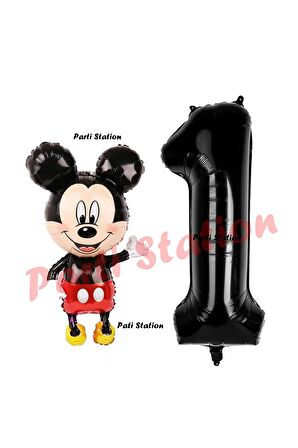 Mickey Mouse Balon 1 Yaş Doğum Günü Set Mickey Mouse Konsept Balon ve Siyah Rakam Balon