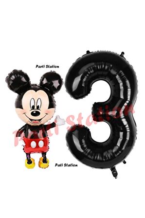 Mickey Mouse Balon 3Yaş Doğum Günü Set Mickey Mouse Konsept Balon ve Siyah Rakam Balon