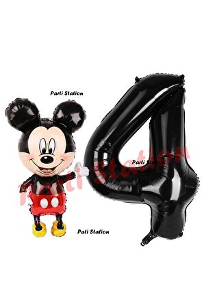 Mickey Mouse Balon 4 Yaş Doğum Günü Set Mickey Mouse Konsept Balon ve Siyah Rakam Balon