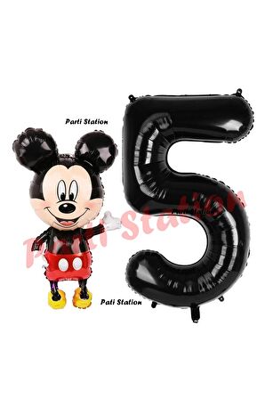 Mickey Mouse Balon 5 Yaş Doğum Günü Set Mickey Mouse Konsept Balon ve Siyah Rakam Balon